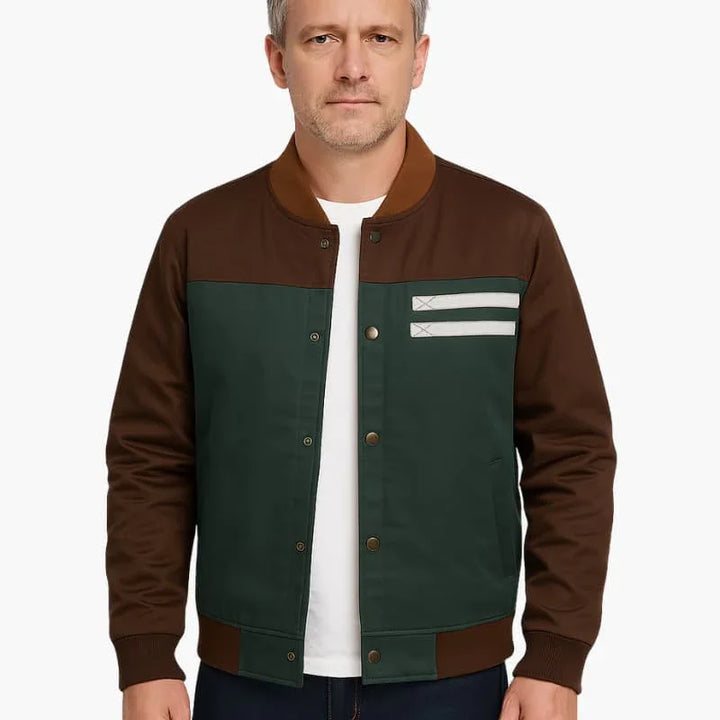 Męska Vintage Kurtka Bomberka z Zapięciem na Guziki i Prążkowanym Wykończeniem