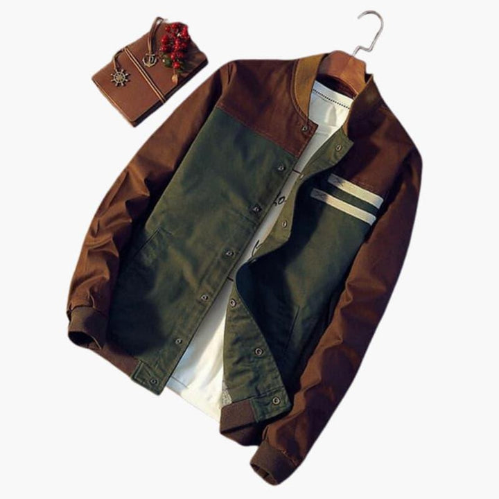 Męska Vintage Kurtka Bomberka z Zapięciem na Guziki i Prążkowanym Wykończeniem