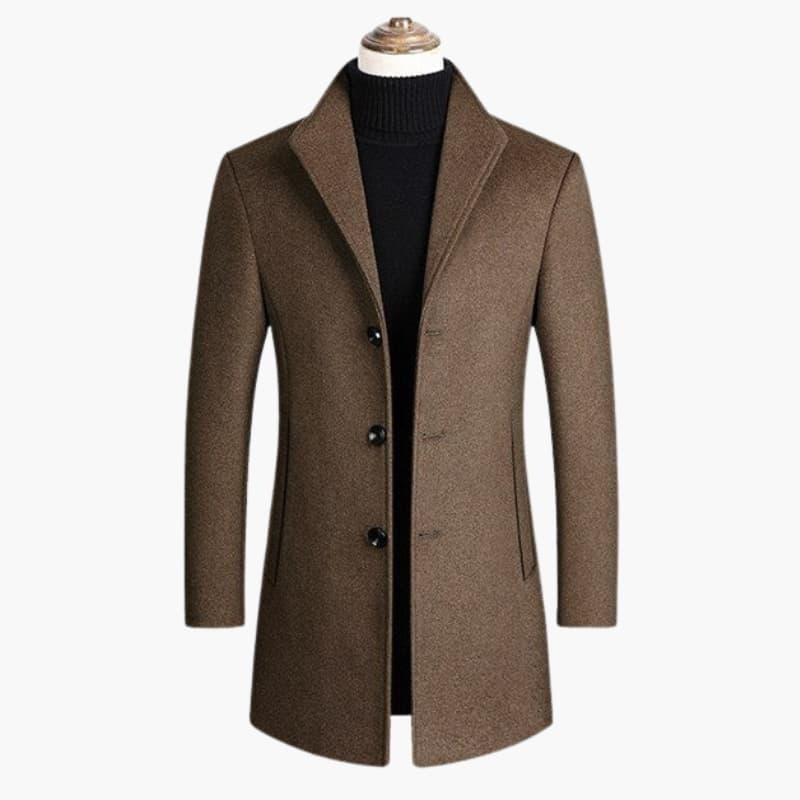 Męski jednorzędowy płaszcz z klapowanym kołnierzem i zapięciem na guziki