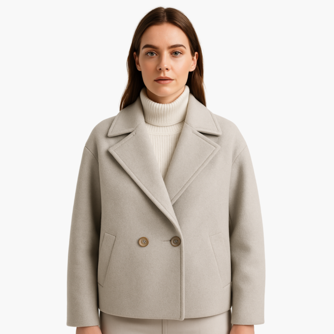 Damska krótka kurtka z szerokim kołnierzem i podwójnym zapięciem na guziki