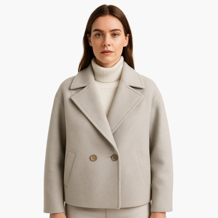 Damska krótka kurtka z szerokim kołnierzem i podwójnym zapięciem na guziki