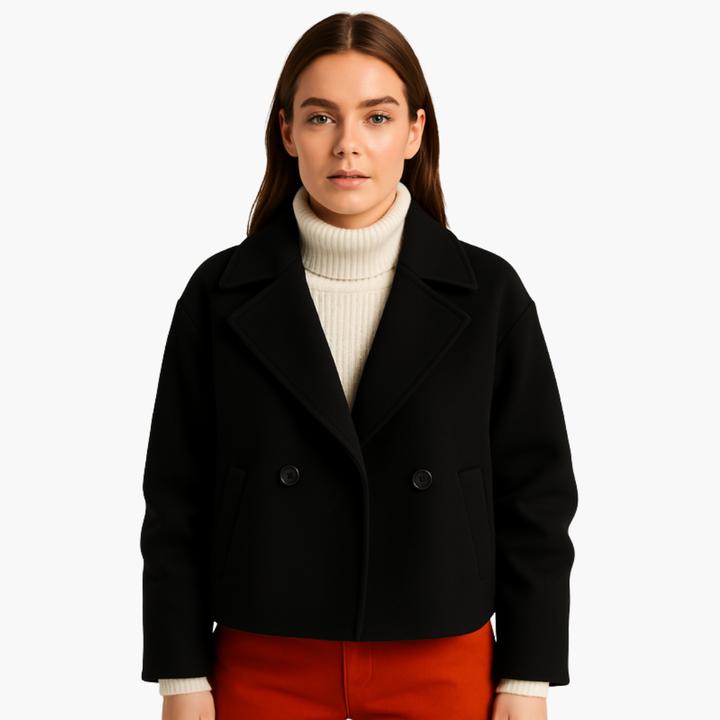 Damska krótka kurtka z szerokim kołnierzem i podwójnym zapięciem na guziki