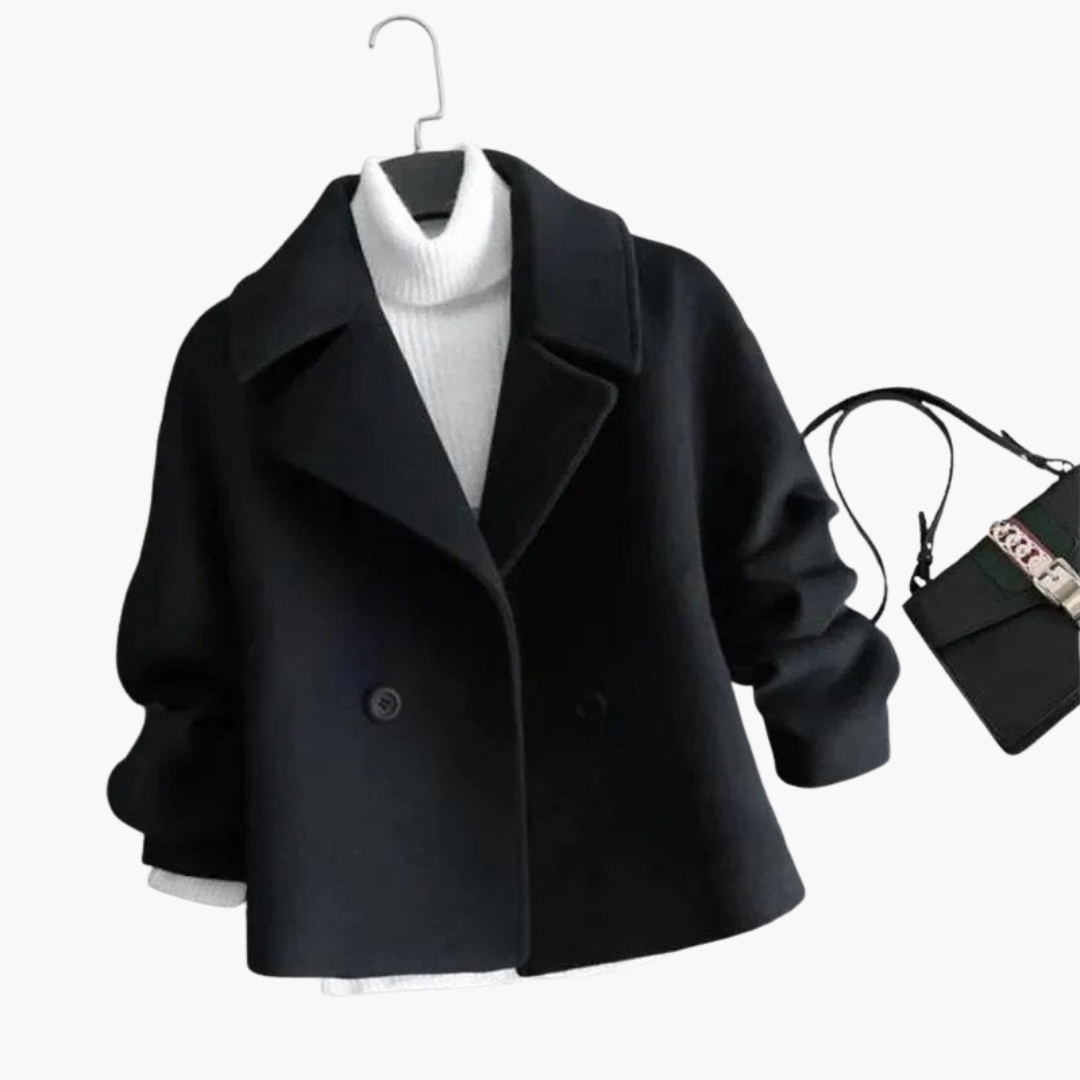 Damska krótka kurtka z szerokim kołnierzem i podwójnym zapięciem na guziki