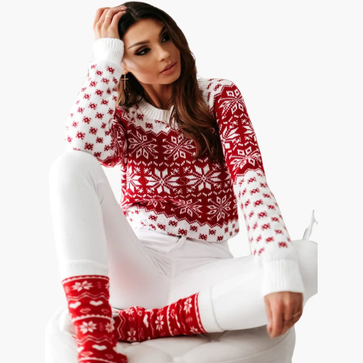 Damski sweter dzianinowy we wzór śnieżynek i reniferów