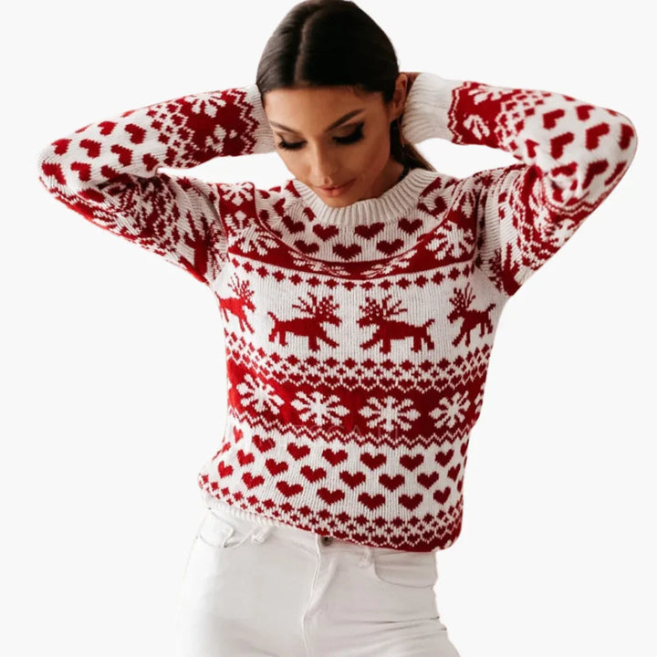Damski sweter dzianinowy we wzór śnieżynek i reniferów