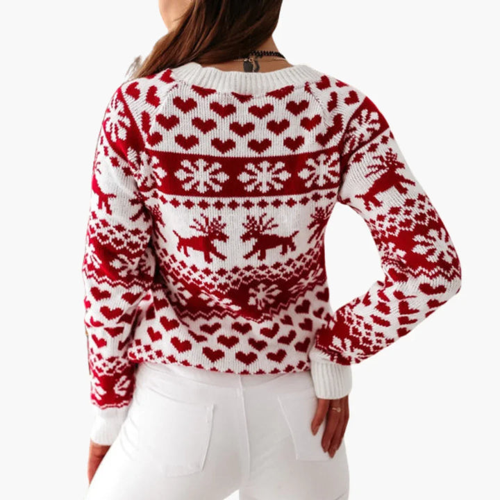 Damski sweter dzianinowy we wzór śnieżynek i reniferów