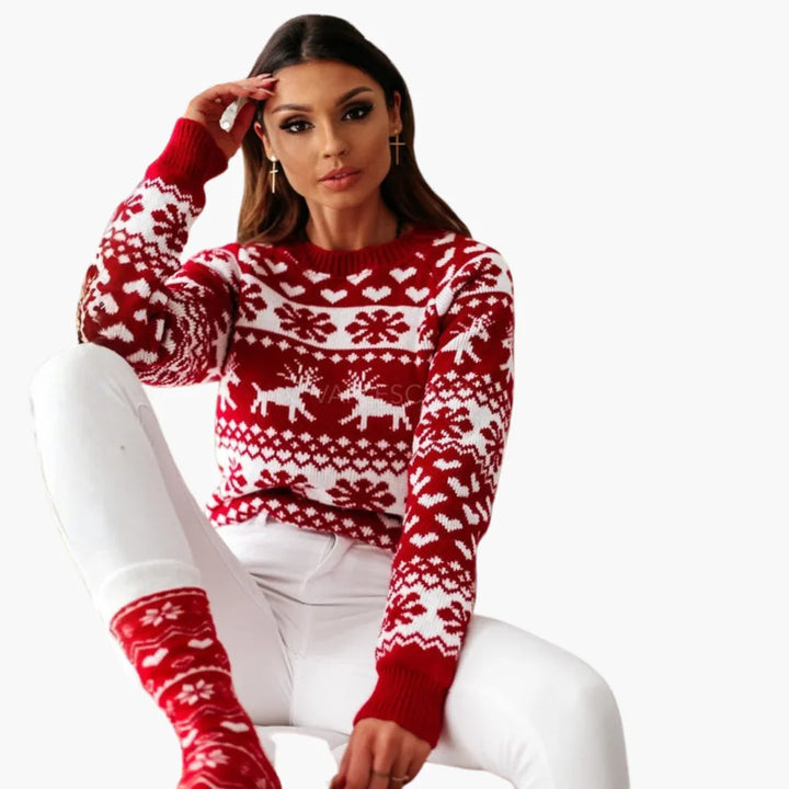 Damski sweter dzianinowy we wzór śnieżynek i reniferów