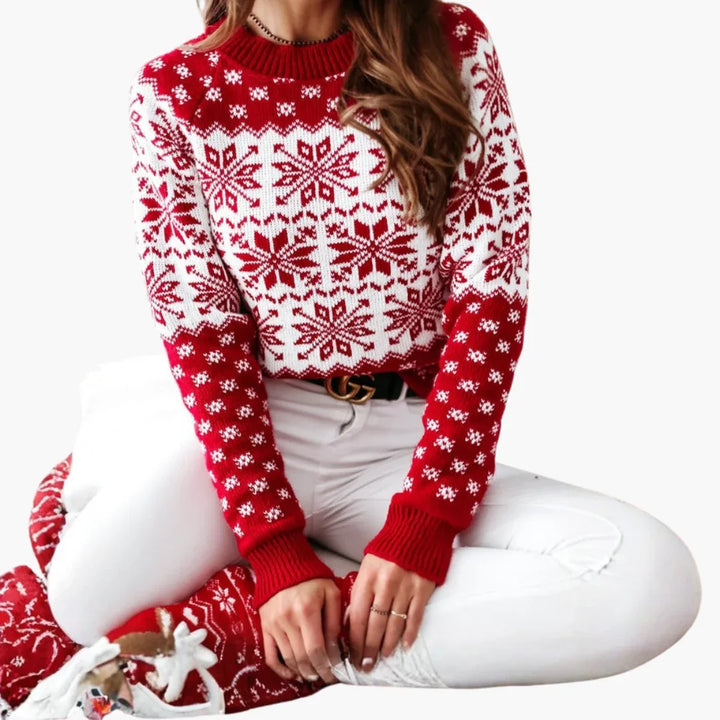 Damski sweter dzianinowy we wzór śnieżynek i reniferów