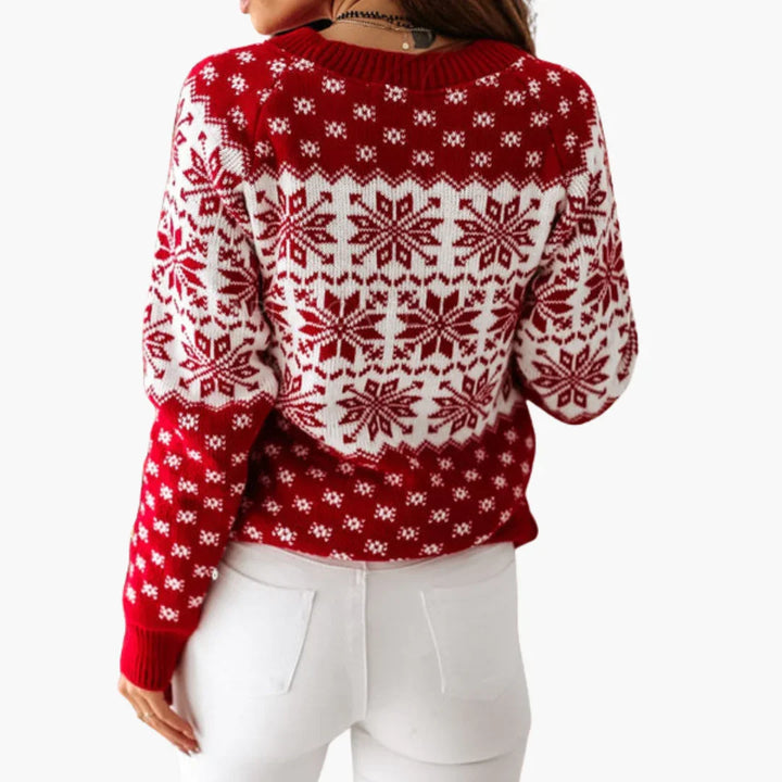 Damski sweter dzianinowy we wzór śnieżynek i reniferów