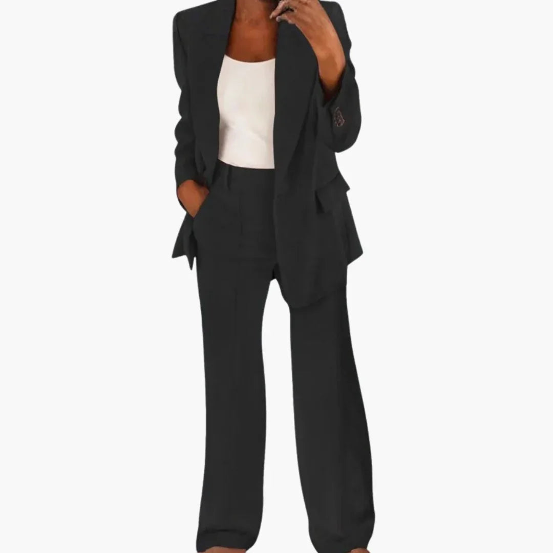 Garnitur damski dwuczęściowy z długą marynarką i szerokimi spodniami