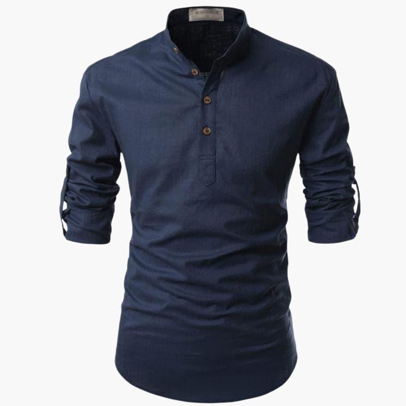 Męska koszula lniana z długim rękawem, stójką i zapięciem na guziki