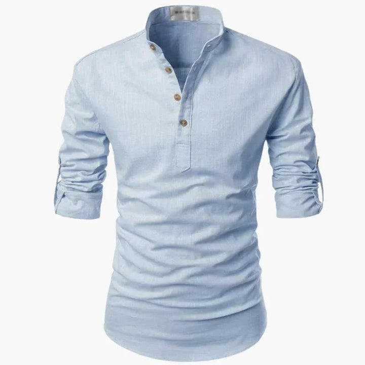 Męska koszula lniana z długim rękawem, stójką i zapięciem na guziki