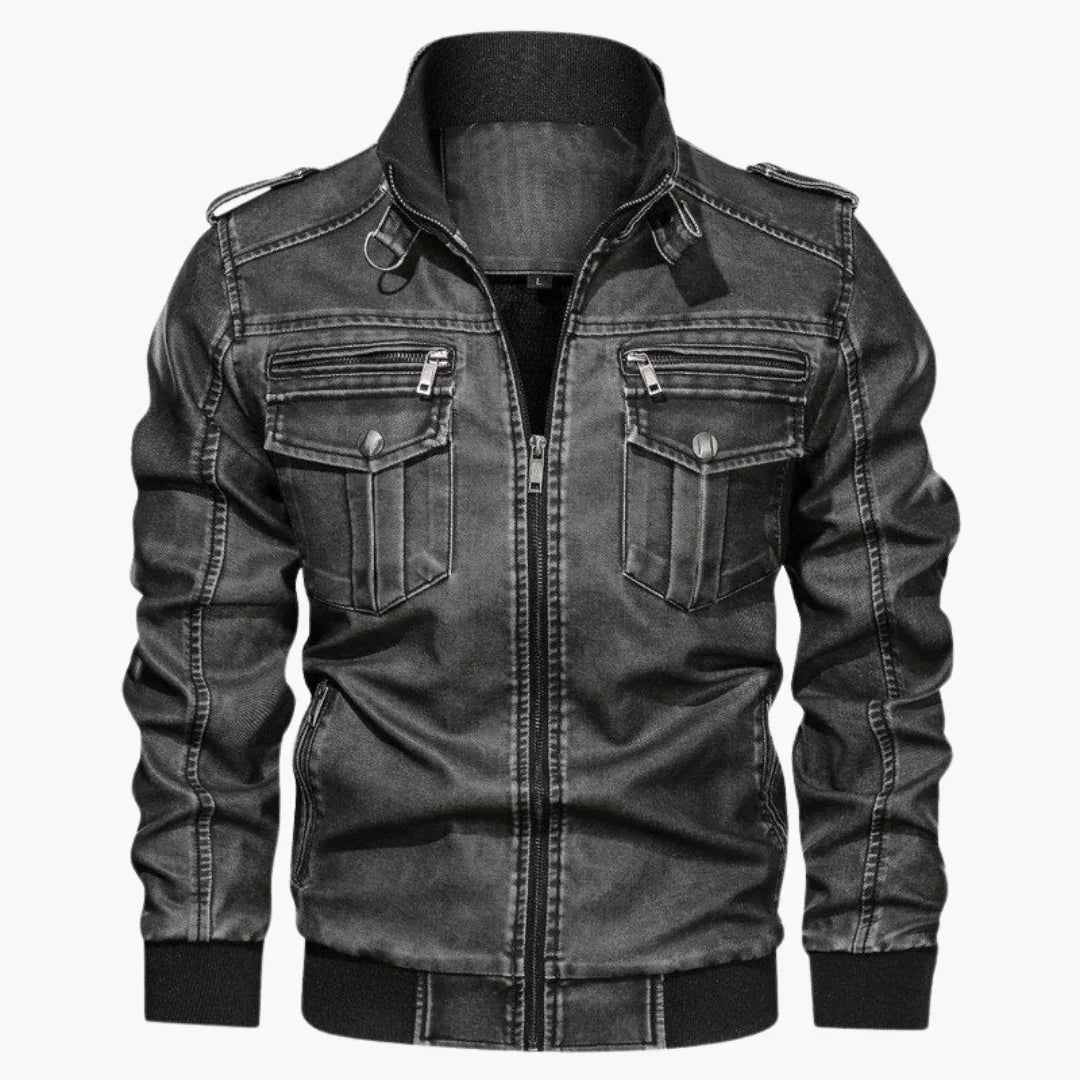 Męska kurtka jeansowa z przednim zamkiem i wieloma kieszeniami