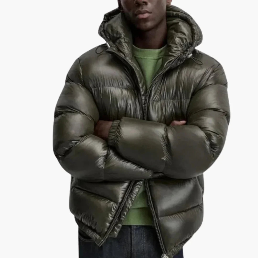 Męska pikowana kurtka puchowa z kapturem i przednim zamkiem