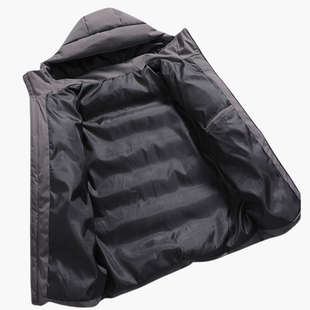 Męska pikowana kurtka z kapturem, zamkiem błyskawicznym i kieszeniami bocznymi