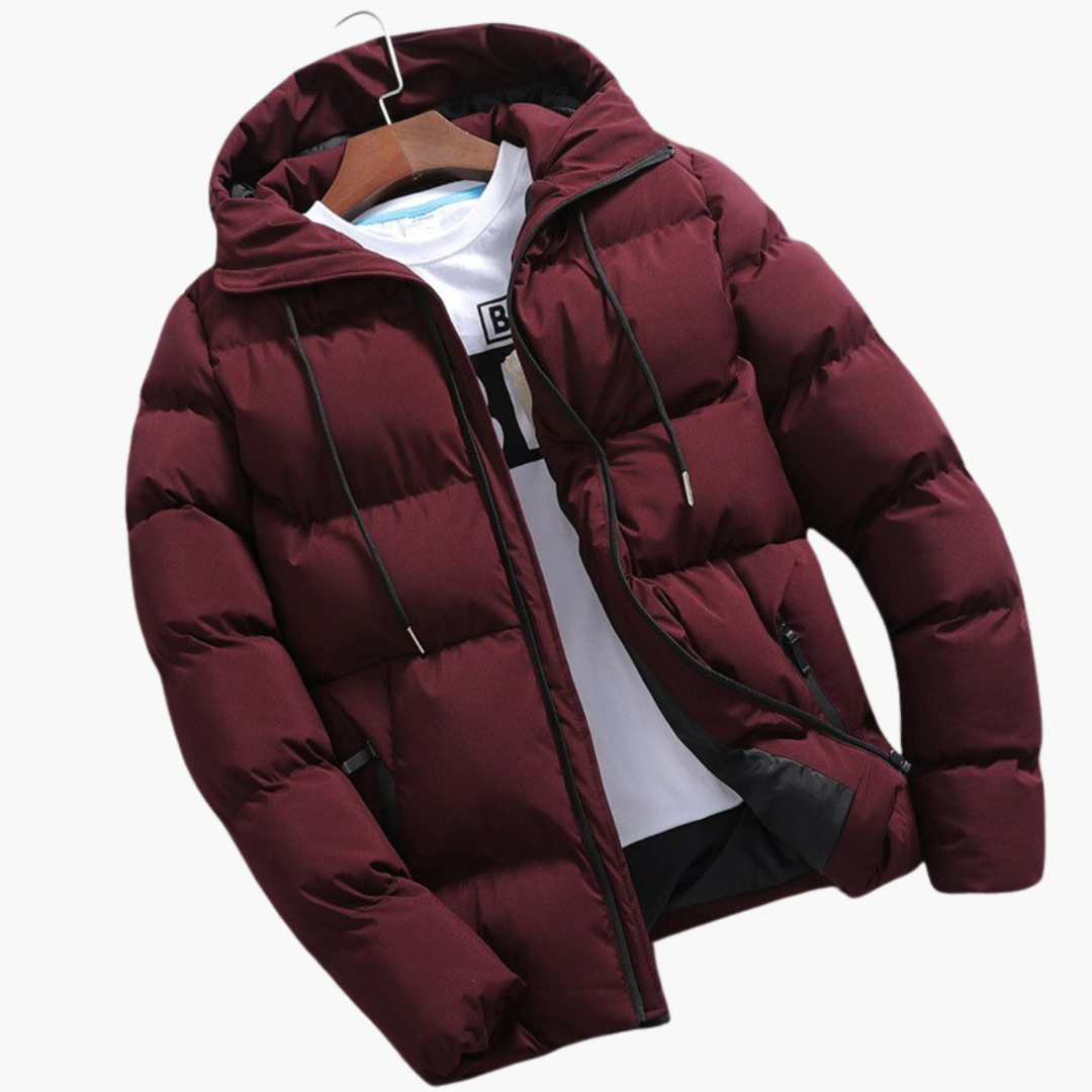 Męska pikowana kurtka z kapturem, zamkiem błyskawicznym i kieszeniami bocznymi