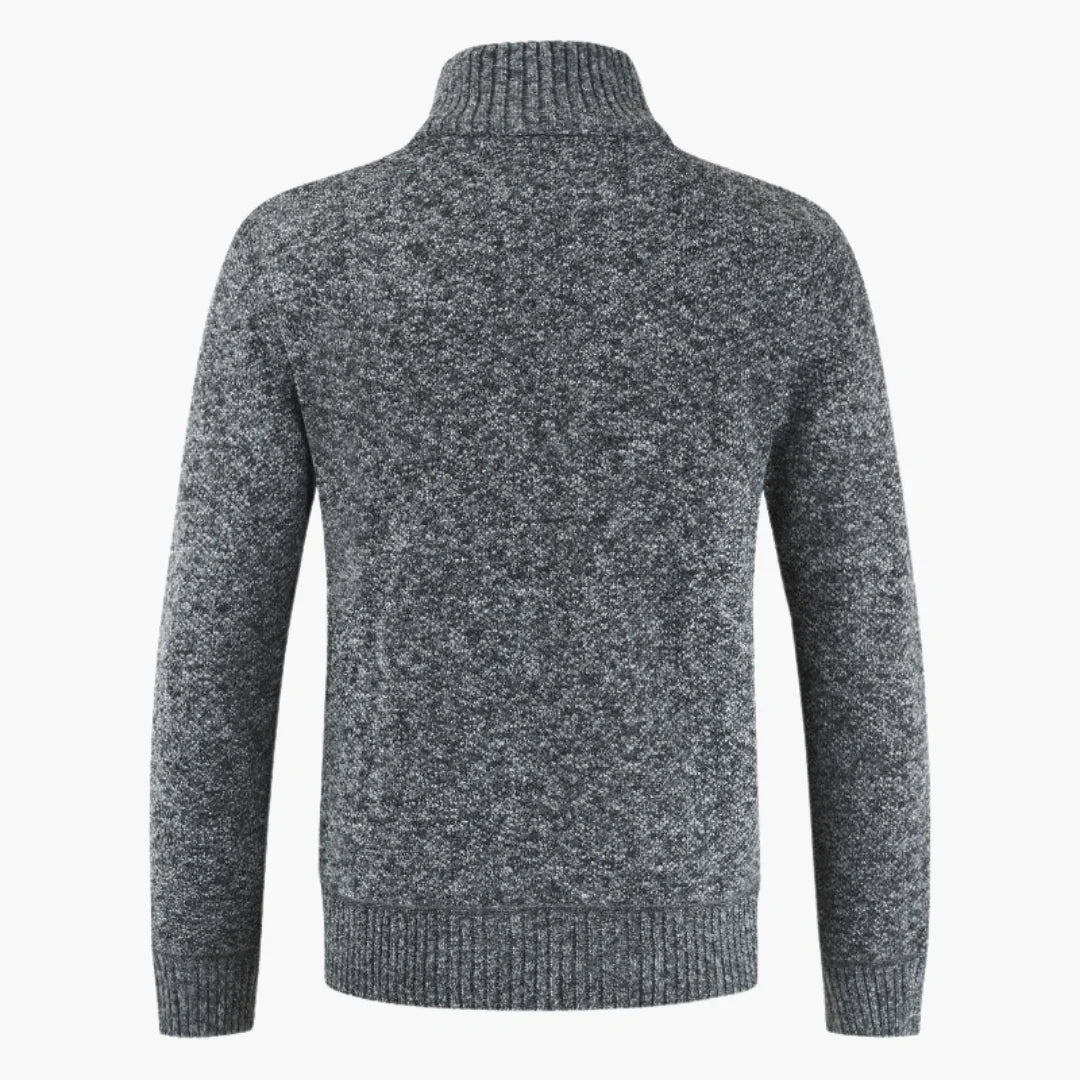 Męski dziany sweter na zamek z kołnierzem stojącym i podszewką w kratę