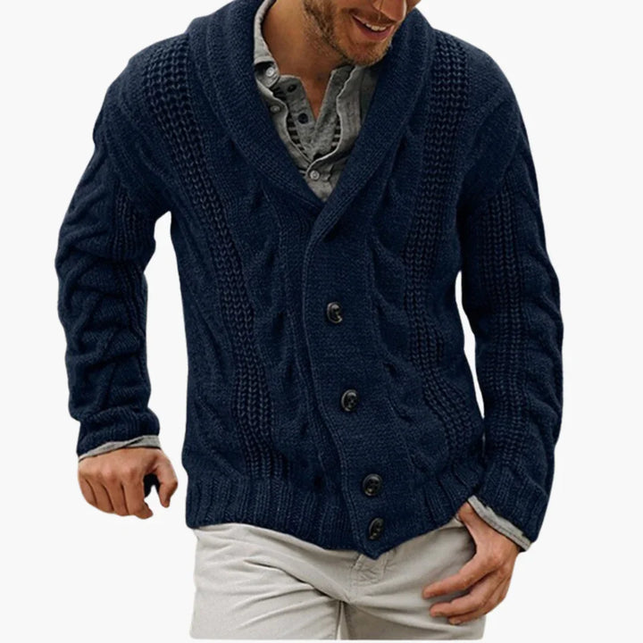 Męski gruby dziany kardigan z kołnierzem szalowym i zapięciem na guziki
