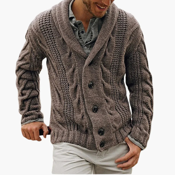 Męski gruby dziany kardigan z kołnierzem szalowym i zapięciem na guziki